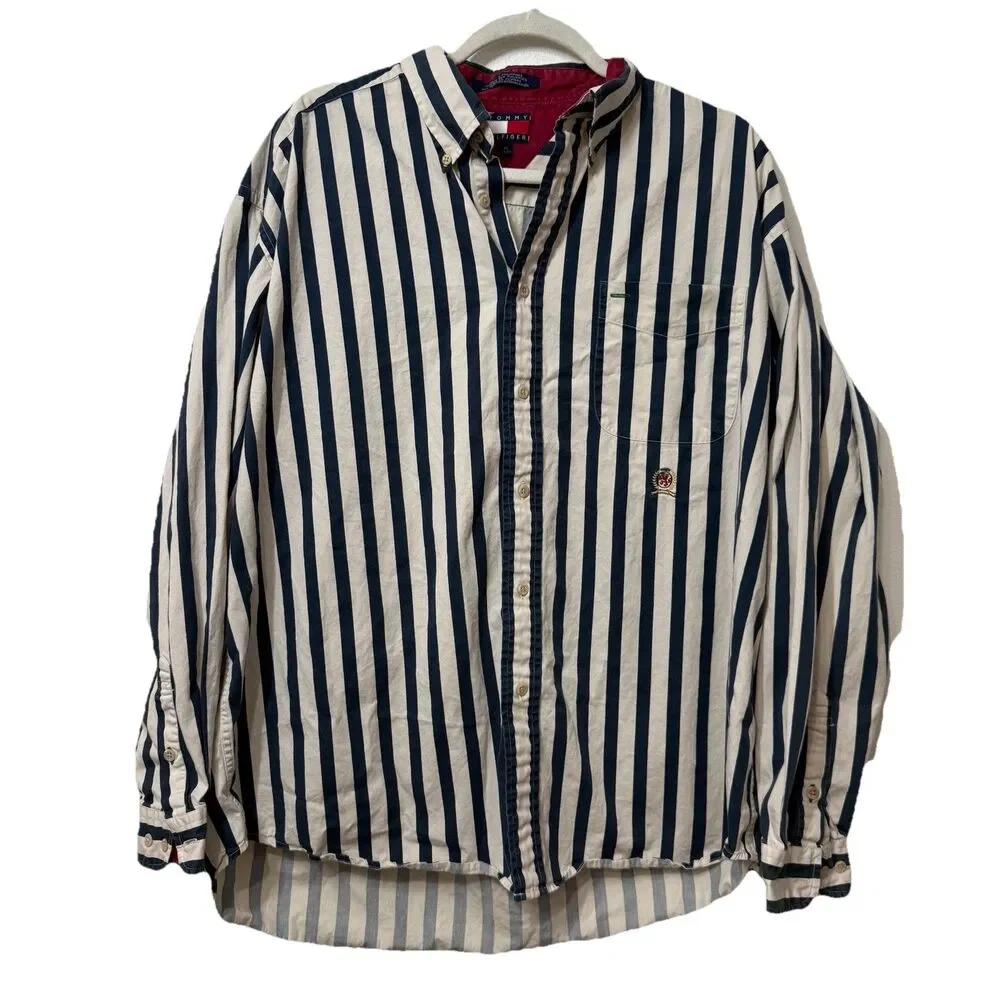 Vintage Tommy Hilfiger Men’s Sailing Flag Yacht Patch Button Striped Shirt Large